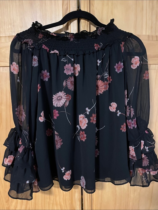 CeCe Tops - CeCe Black Floral Smocked-Neck Blouse with Pink Flowers